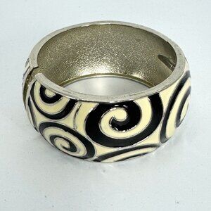 Bangle Clamper Bracelet Silver Tone Black and White Enamel Swirls Wide Ban